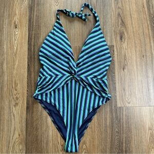 Mango‎ MNG Halterneck One Piece Swimsuit Large Blue Green Stripes Plunge Beach